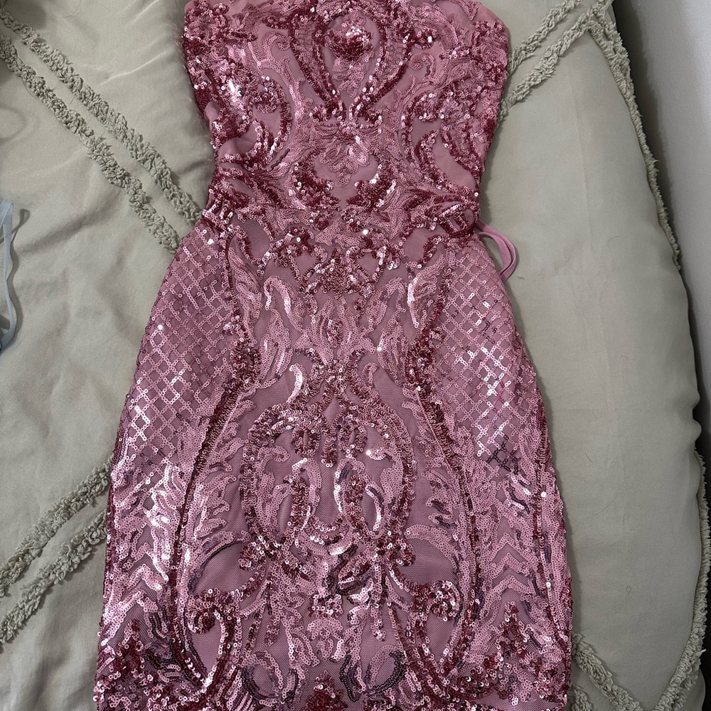 B Darlin Strapless Pink Sequin Dress